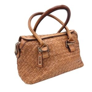 Cole Haan Woven Leather Doctor Satchel Bag Cognac Genevieve Y2K Boho Festival